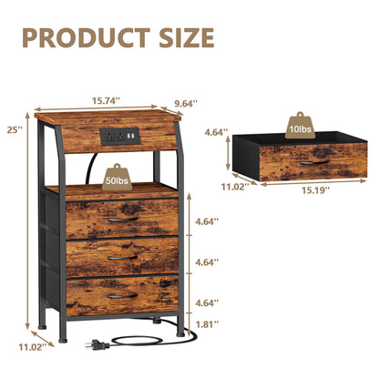 TYDIMOR Nightstand Bedside Table with Charging Station, 3 Drawer Dresser for Bedroom Furniture Steel, Wood, Brown Fabric Drawers