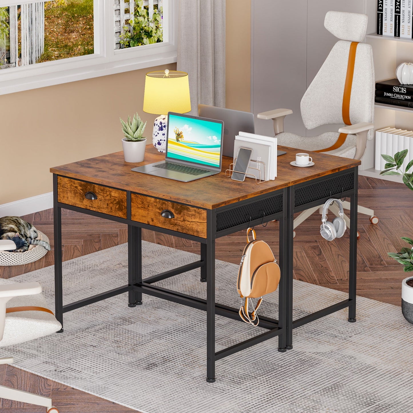 Furologee Computer Desk Home Office Writing Desk with 2 Fabric Drawers, Rustic Brown