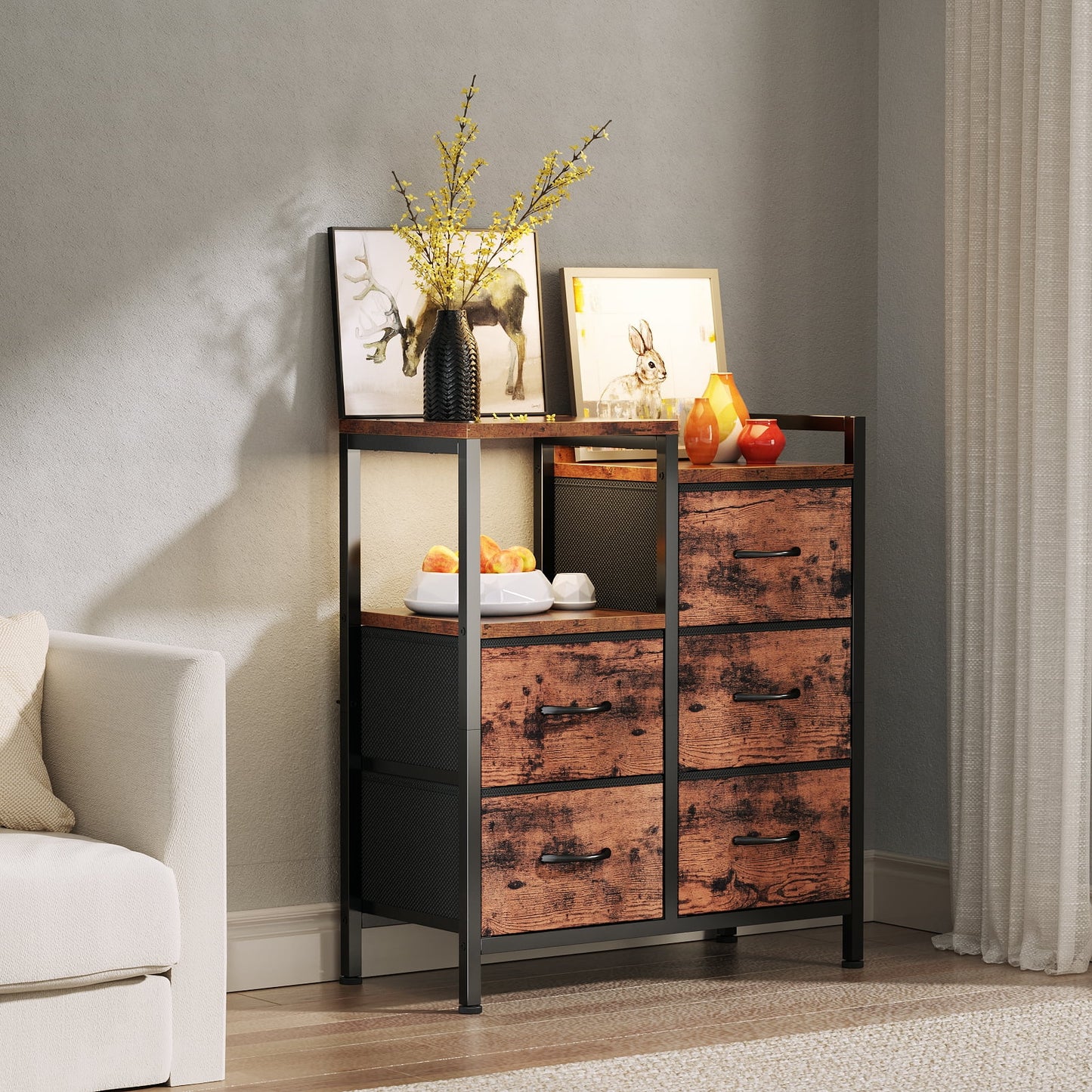 Satifur Chest of Drawers for Bedroom, 3 Tier Wide Dresser with 5 Fabric Drawers, Rustic Brown