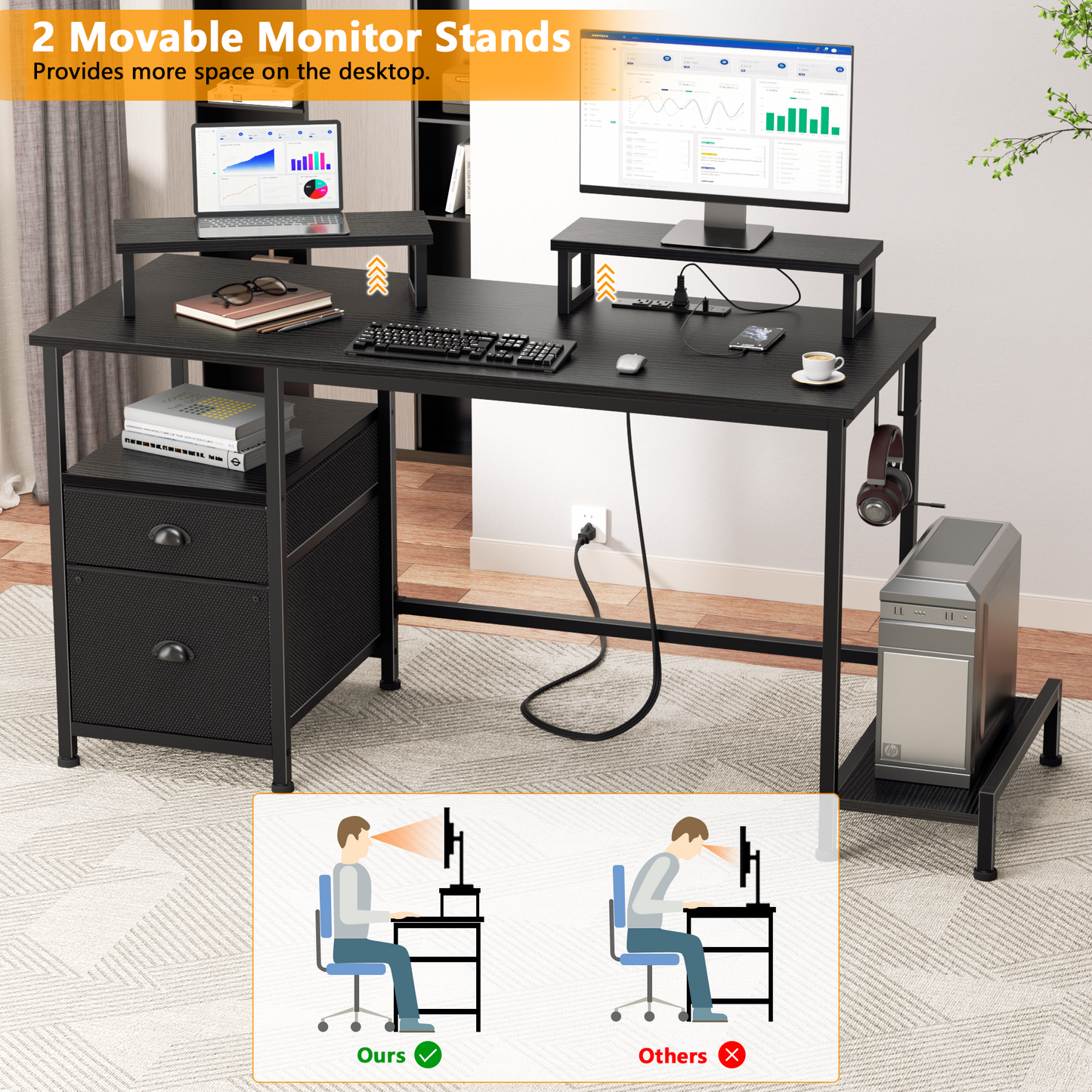 Satifur 47" Black Computer Office Desk with Drawers & Charging Station, Gaming Desk with Movable Monitor Stands, Storage Shelves & File Cabinet