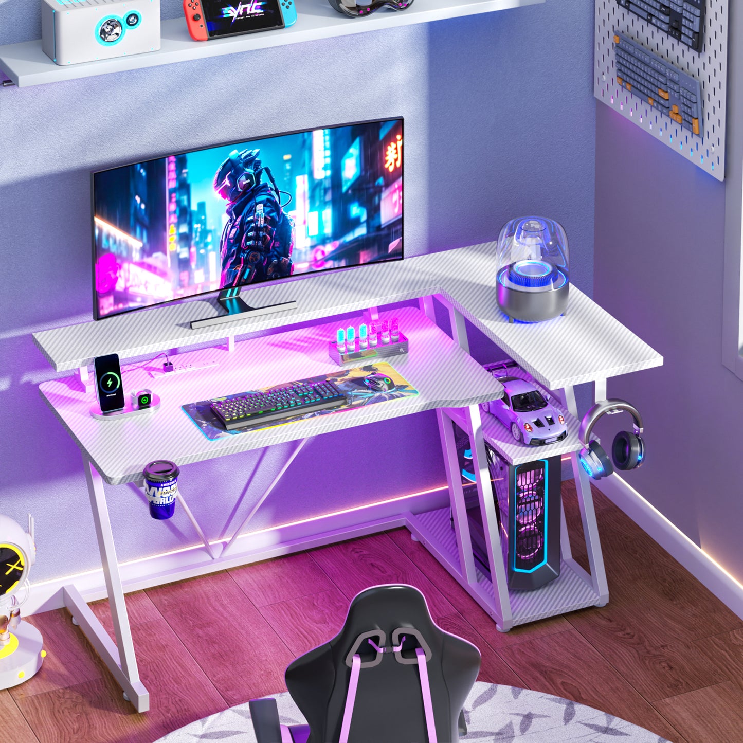 Satifur 39" Pro L-Shaped Gaming Desk White, RGB LED, Power Hub & Monitor Riser for Ultimate Setup