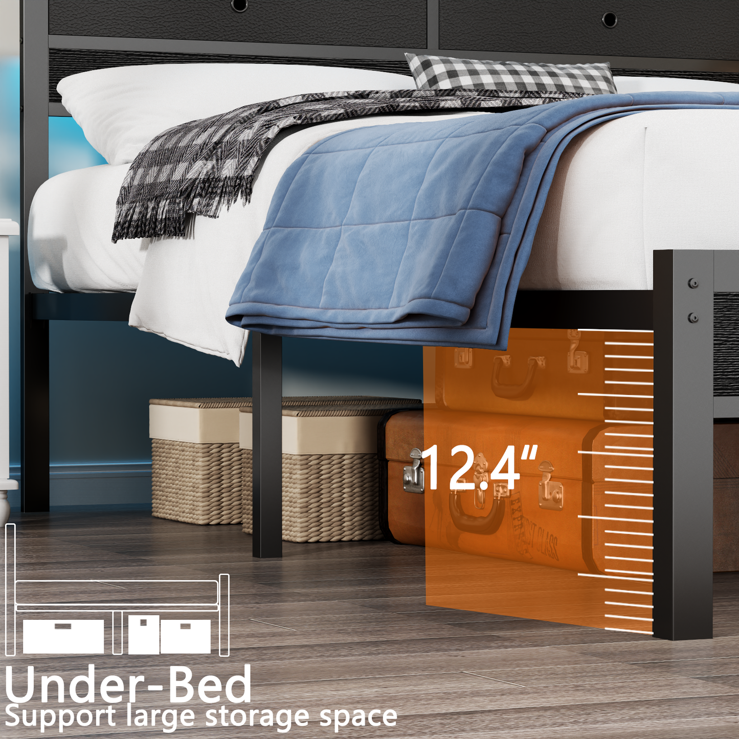 Satifur Full Size Bed Frame with 2 Storage Drawers Headboard, LED & Charging Station, Black oack