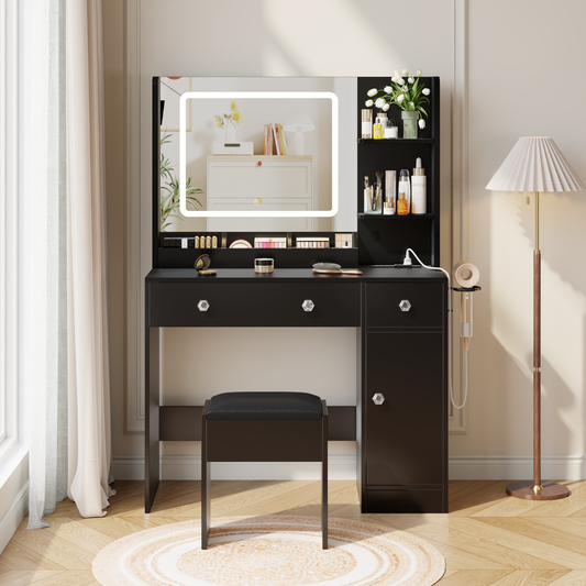 Satifur Vanity Desk with Mirror & Lights, GRWM Vanity Set with Drawers & Storage Shelves, Makeup Dressing Table with Stool & Charging, Black