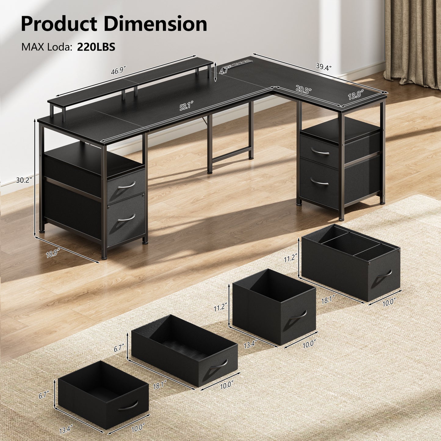 Satifur 65 Inch Reversible L Shaped Computer Desk with LED Lights & Outlets, Office Desk with 3 Drawers & 1 File Cabinet, Black