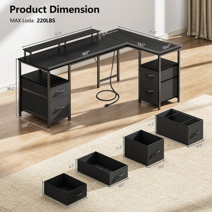 Satifur 57 Inch Reversible L Shaped Computer Desk with LED Lights & Outlets, Office Desk with 3 Drawers & 1 File Cabinet, Black