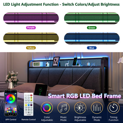 Satifur Queen Bed Frame with 2 Storage Drawers and Upholstered Storage Headboard, Metal Platform Bed with Charging Station & LED, Noise-Free, No Box Spring Needed, Dark Grey & Black