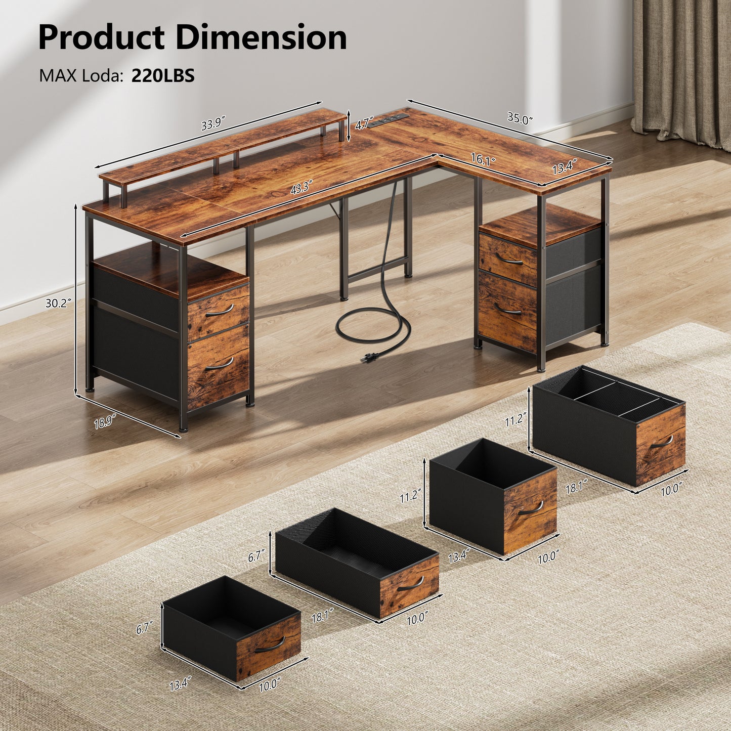 Satifur 57 Inch Reversible L Shaped Computer Desk with LED Lights & Outlets, Office Desk with 3 Drawers & 1 File Cabinet, Rustic Brown