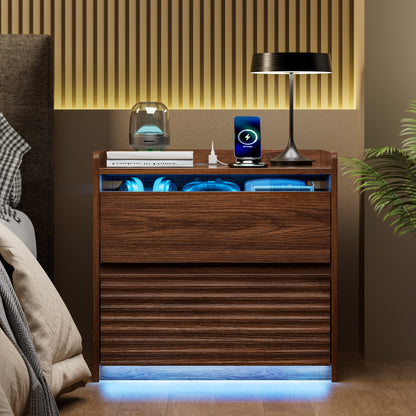 Satifur Nightstand with Charging Station & LED Lights, Smart Wooden Bedside Table with 2 Drawers, Fluted End Table, Walnut