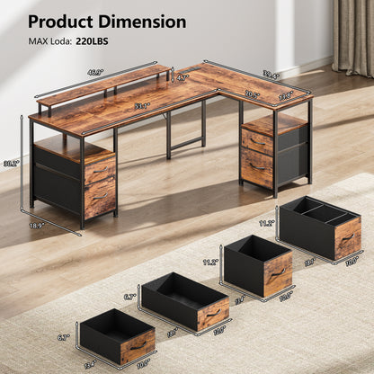 Satifur 65 Inch Reversible L Shaped Computer Desk with LED Lights & Outlets, Office Desk with 3 Drawers & 1 File Cabinet, Rustic Brown
