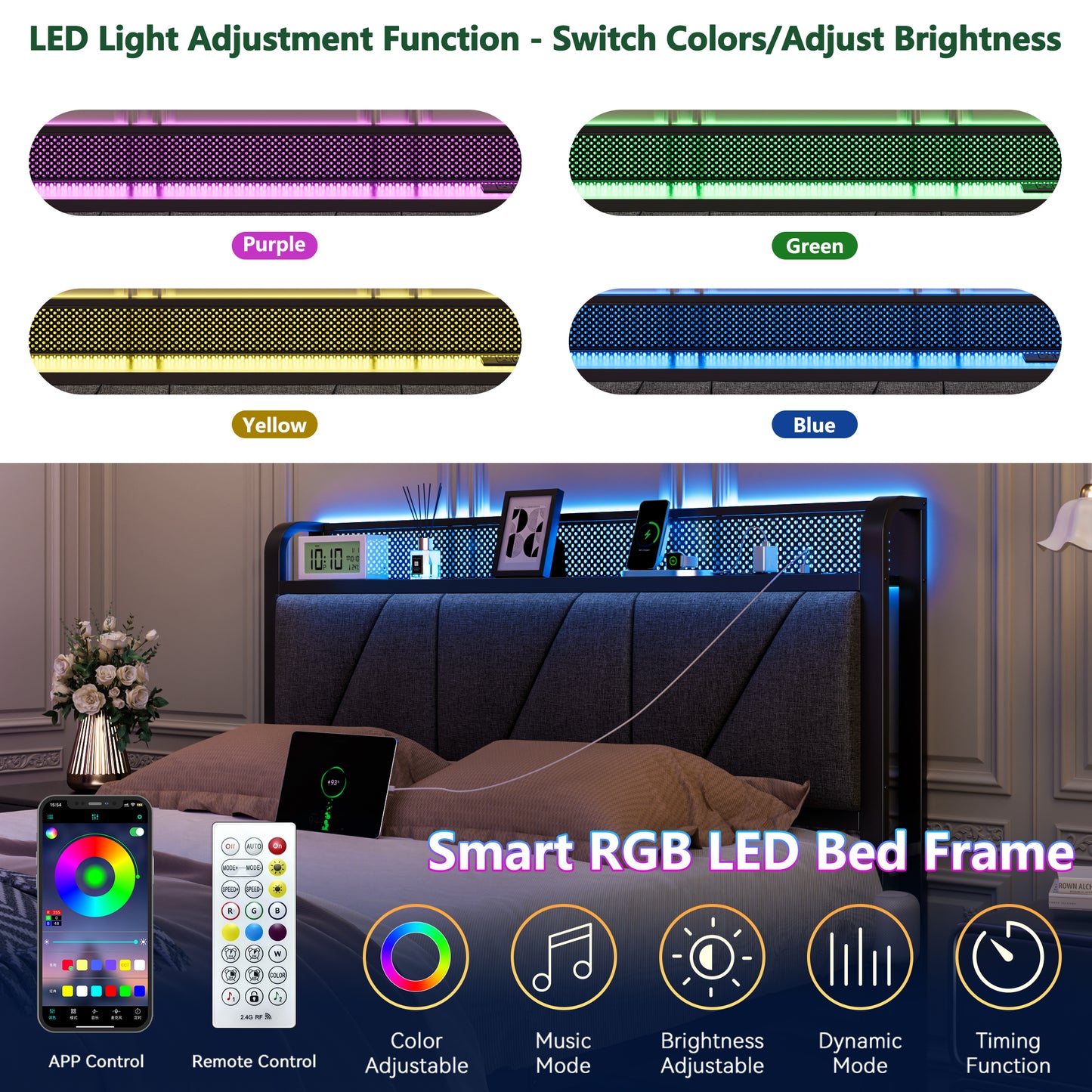 Satifur Full Bed Frame with 2 Storage Drawers and Upholstered Storage Headboard, Metal Platform Bed with Charging Station & LED, Noise-Free, No Box Spring Needed, Dark Grey & Black