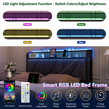 Satifur Full Bed Frame with 2 Storage Drawers and Upholstered Storage Headboard, Metal Platform Bed with Charging Station & LED, Noise-Free, No Box Spring Needed, Dark Grey & Black