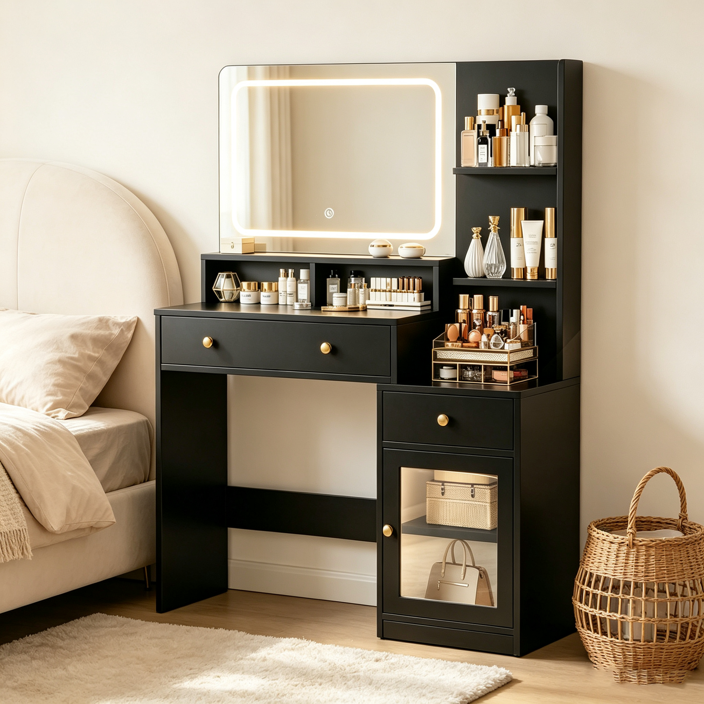 Satifur Vanity Set with Mirror & Lights, GRWM Vanity Desk with Drawers & Storage Shelves, Makeup Dressing Table Charging, Black