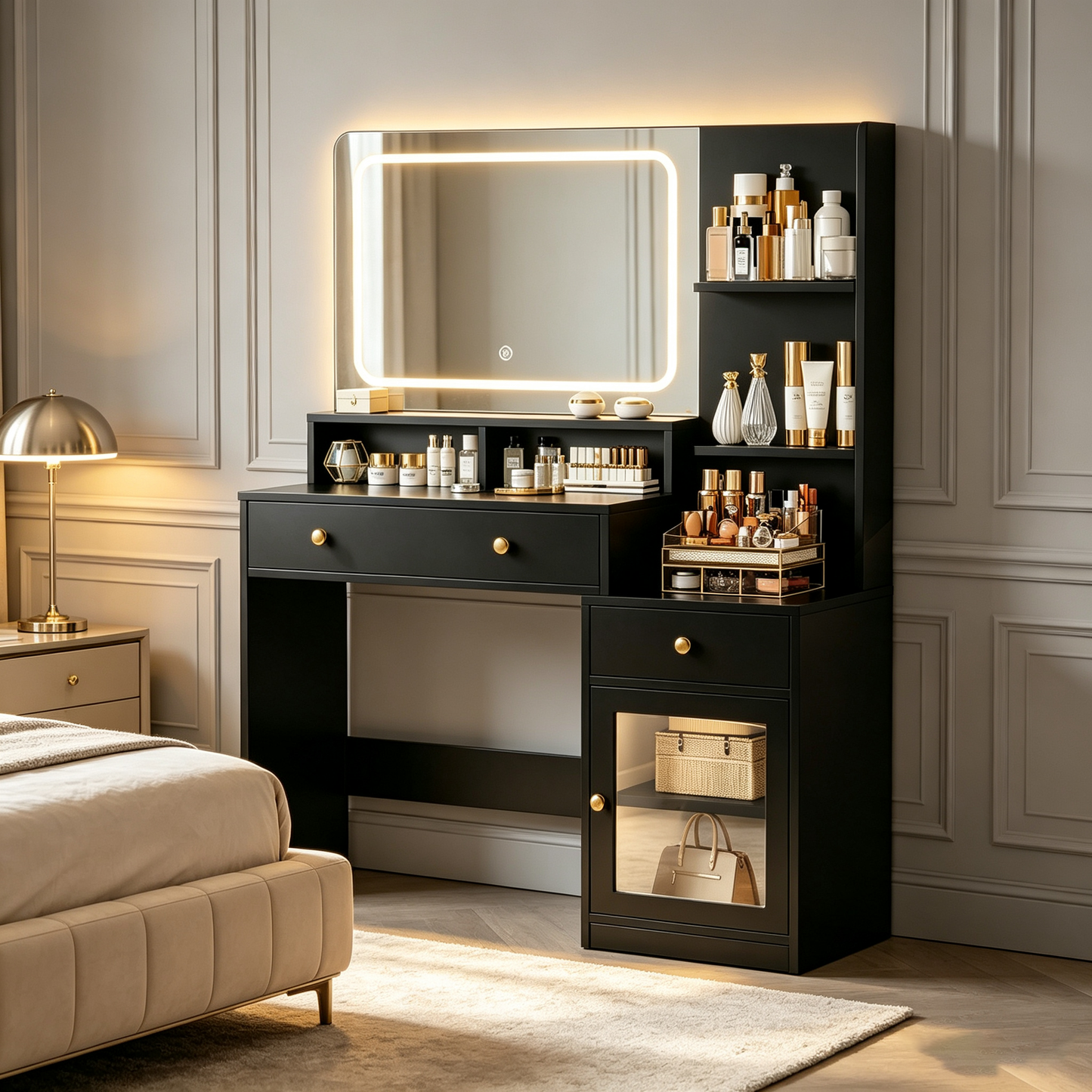 Satifur Vanity Set with Mirror & Lights, GRWM Vanity Desk with Drawers & Storage Shelves, Makeup Dressing Table Charging, Black
