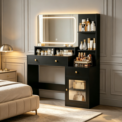 Satifur Vanity Set with Mirror & Lights, GRWM Vanity Desk with Drawers & Storage Shelves, Makeup Dressing Table Charging, Black