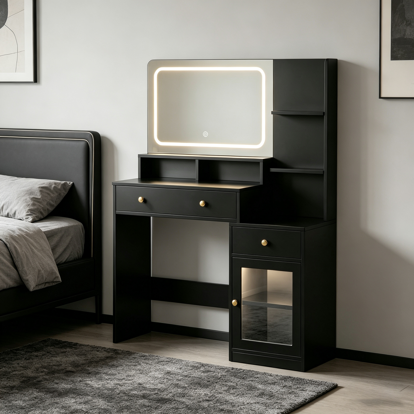 Satifur Vanity Set with Mirror & Lights, GRWM Vanity Desk with Drawers & Storage Shelves, Makeup Dressing Table Charging, Black