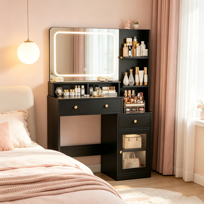 Satifur Vanity Set with Mirror & Lights, GRWM Vanity Desk with Drawers & Storage Shelves, Makeup Dressing Table Charging, Black