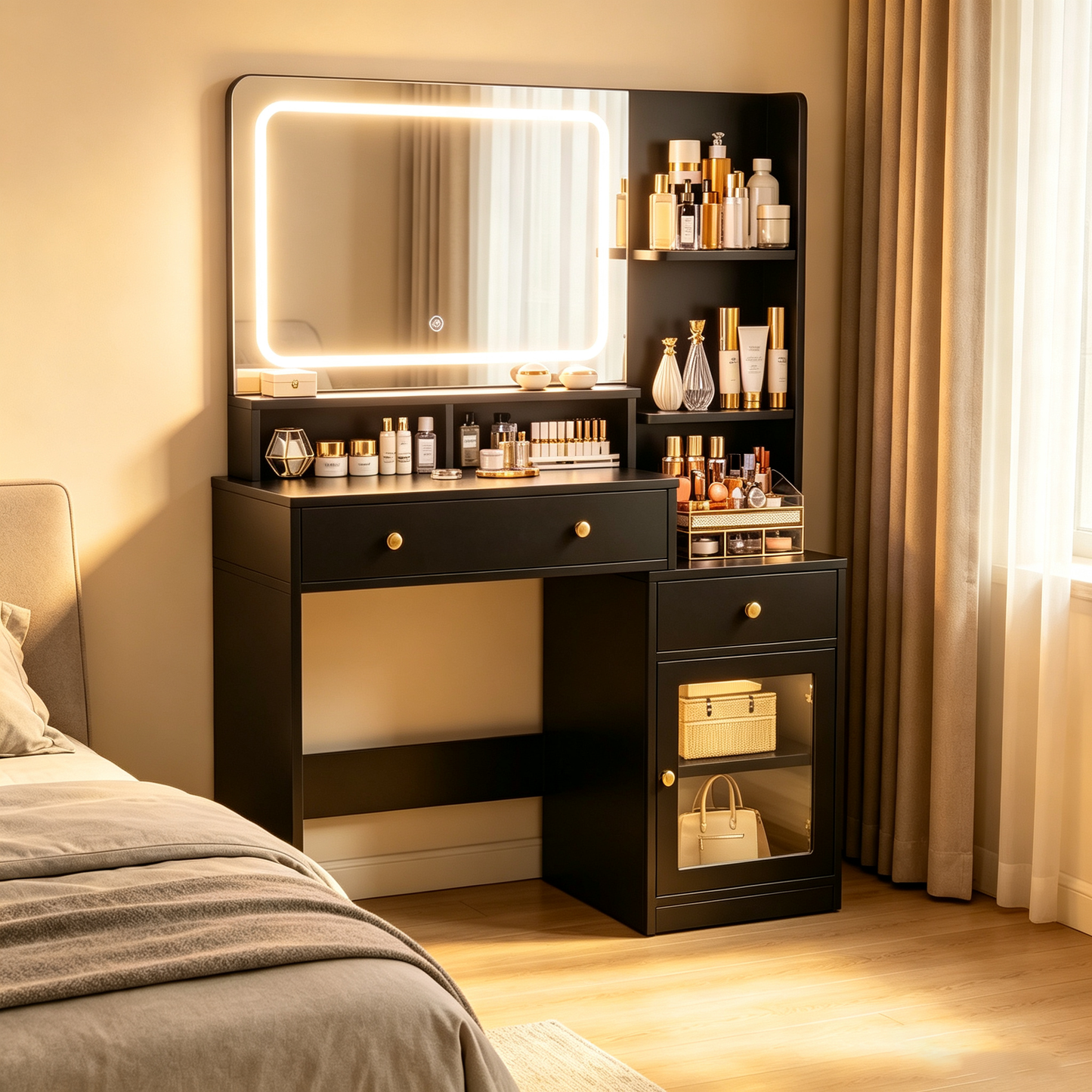 Satifur Vanity Set with Mirror & Lights, GRWM Vanity Desk with Drawers & Storage Shelves, Makeup Dressing Table Charging, Black