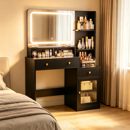 Satifur Vanity Set with Mirror & Lights, GRWM Vanity Desk with Drawers & Storage Shelves, Makeup Dressing Table Charging, Black