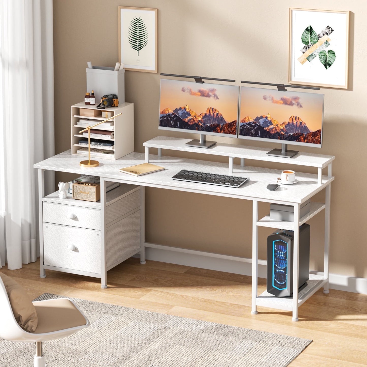 Hexmn White Multi-Functional Computer Desk with Dual Monitor Stand & Adjustable Shelves