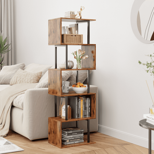 Satifur 5-Tier S-Shaped Geometric Bookcase, Industrial Freestanding Storage Shelving Unit,Rustic Brown