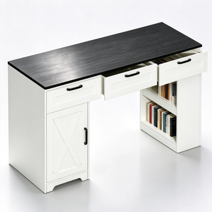 Satifur 55 inch Farmhouse Computer Desk with Power Outlet, Home Office Desk with 3 Drawers & Storage Cabinet, Black