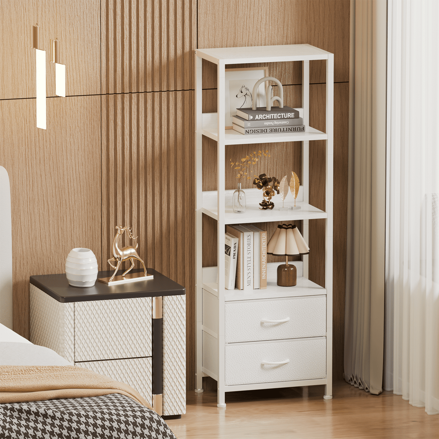 Satifur 4-Tier Bookshelf and Bookcase with 2 Removable Drawers, Narrow Display Shelf for Living Room, White