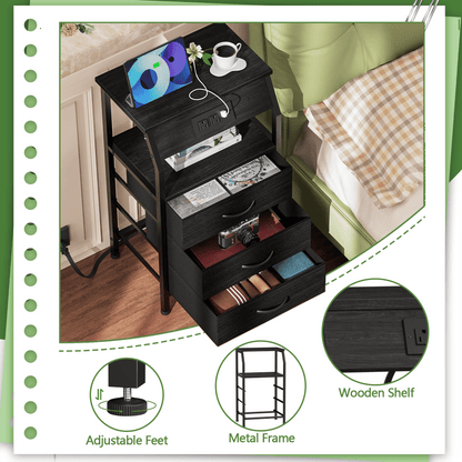 TYDIMOR Nightstand Bedside Table with Charger Station, 3 Drawer Dresser for Bedroom, Black, Adult