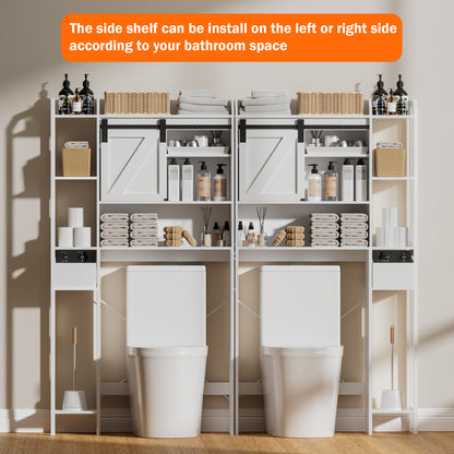 Hexmn Over The Toilet Storage Cabinet with Sliding Barn Door, 6-Tier Freestanding Bathroom Shelf Farmhouse Organizer with Shelves, Paper Holder and Racks, Farmhouse Toilet Cabinet for Laundry, White