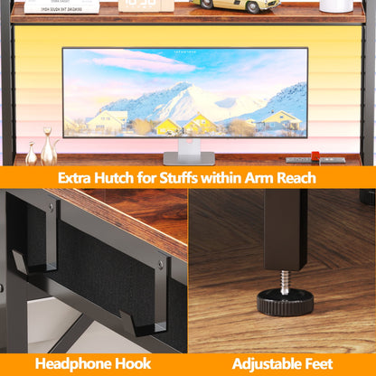 Satifur Computer Desk with Charging Station & LED Lights, Gaming Desk with Drawers & Shelves, Rustic Brown