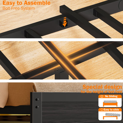 Hexmn LED Lighting Bed Frame Queen with Headboard Storage Shelves, USB Ports Queen Size Platform Bed Frame Steel Slats Support