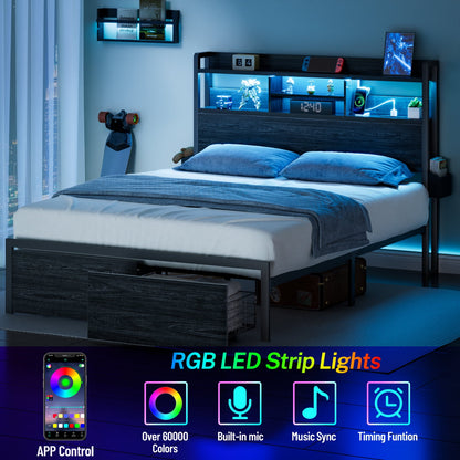 Hexmn Queen Size LED Metal Bed Frame Built-In Charging, Platforrm Storage Bed Frames Under-bed Storage and Noise Free Design