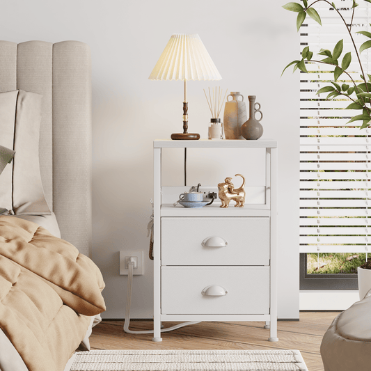 Satifur Nightstand with Charging Station, Bedside End Table with Fabric Drawers,Outlets & USB Ports,White,Set of 2