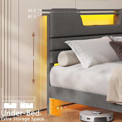Tydimor Dark Gray Bed Frame with Charge Station, Queen Size Bed Frame with LED Lights & Upholstered Headboard, No Box Spring Needed, Linen Fabric