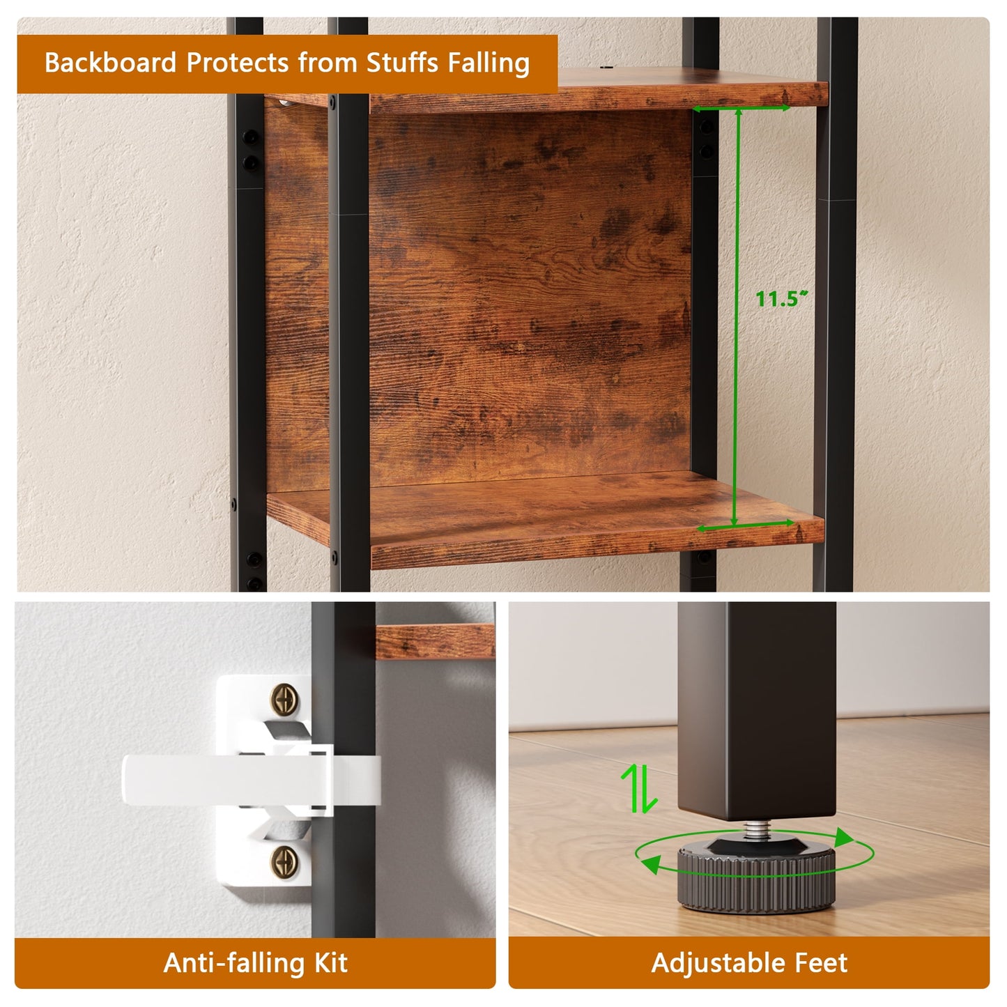 Satifur Bookshelf with 2 Large Backboards, Narrow Bookcase for Space Saving, Industrial Bookshelf with 4 Shelves for Office, Bathroom, Bedroom,Rustic Finish