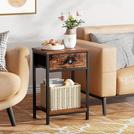 Satifur Nightstand for Bedroom,3-Tier End Table with Drawer,Rustic Brown