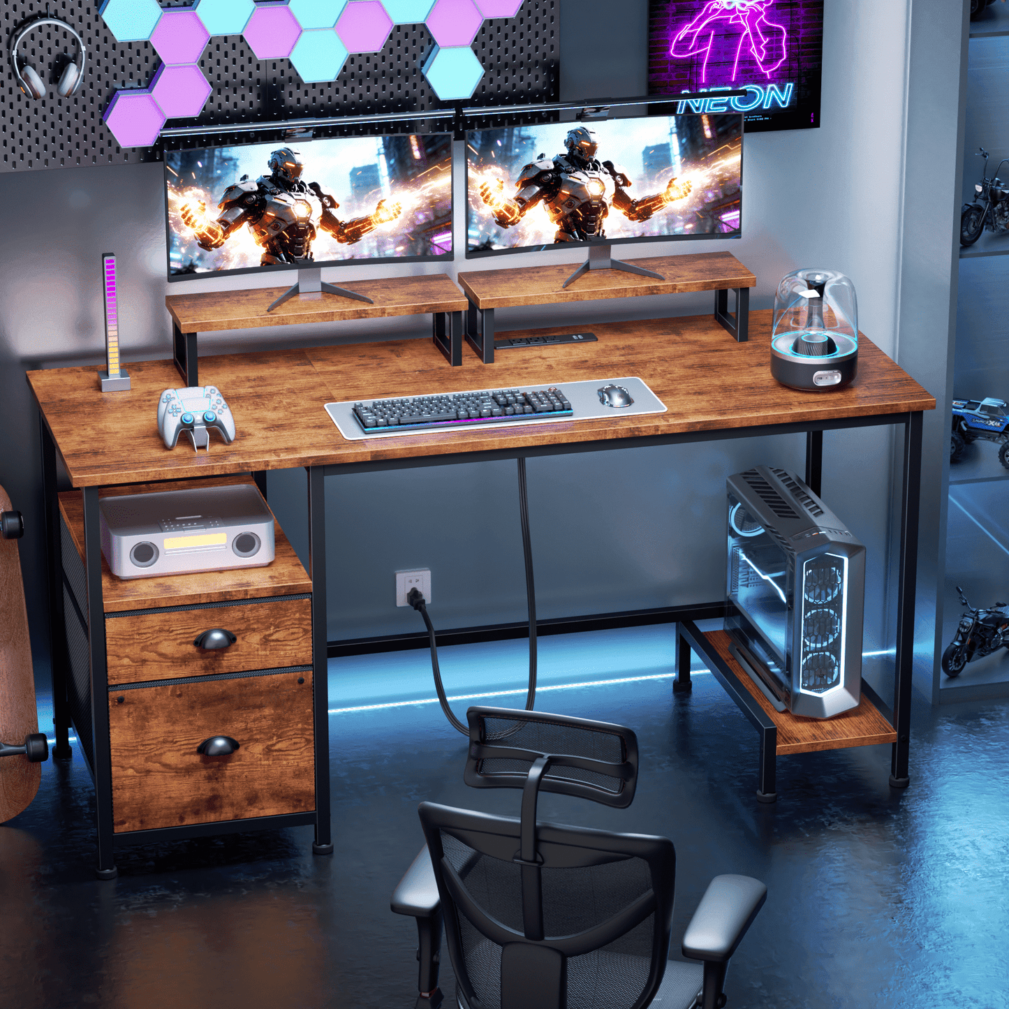 Satifur 55" Rustic Brown Computer Office Desk with Drawers & Charging Station, Gaming Desk with Movable Monitor Stands, Storage Shelves & File Cabinet