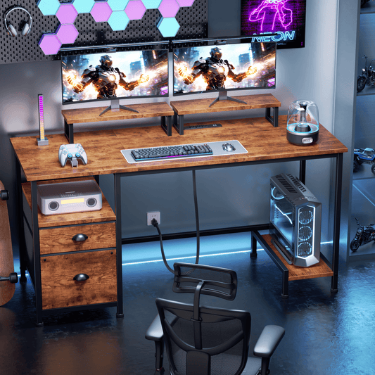 Satifur 55" Rustic Brown Computer Office Desk with Drawers & Charging Station, Gaming Desk with Movable Monitor Stands, Storage Shelves & File Cabinet