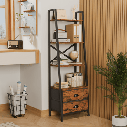 Tydimor 4-Tier 52"H Industrial Bookshelf with 2 Removable Drawers Narrow Bookcase for Living Room,Rustic Brown