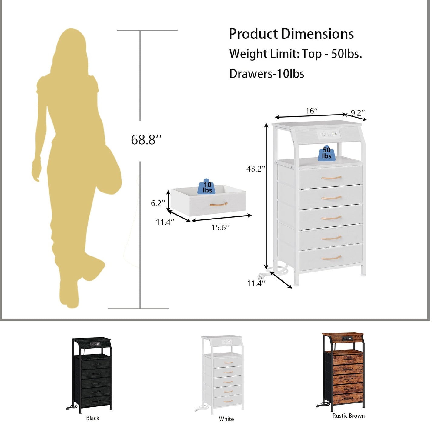 TYDIMOR Tall Dresser for Bedroom, 5 Drawer with Charging Station, White, Ideal for Adults