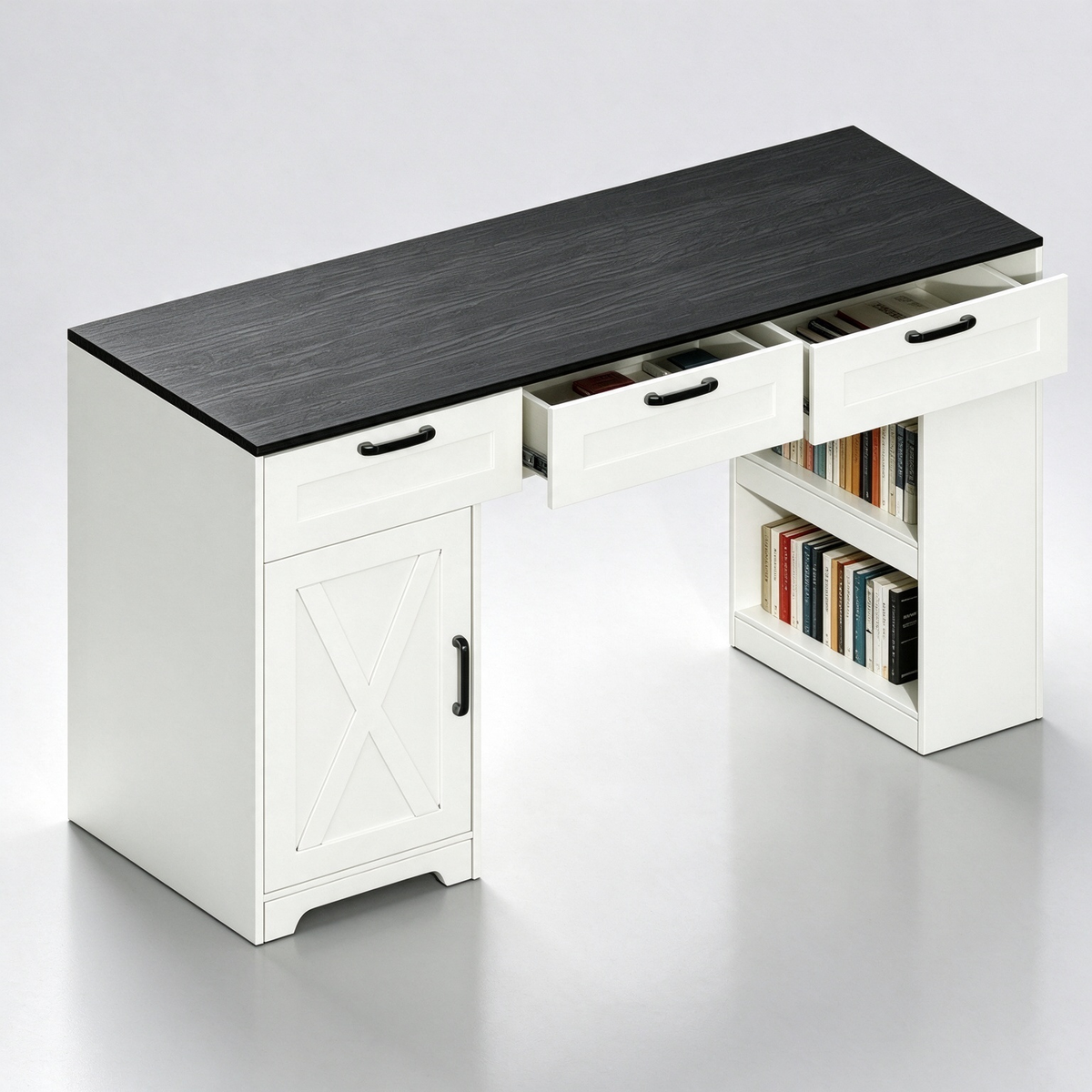Satifur 55 inch Farmhouse Computer Desk with Power Outlet, Home Office Desk with 3 Drawers & Storage Cabinet, Black