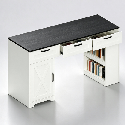 Satifur 55 inch Farmhouse Computer Desk with Power Outlet, Home Office Desk with 3 Drawers & Storage Cabinet, Black