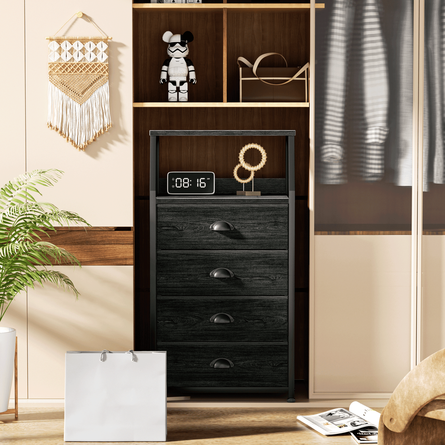 TYDIMOR Tall Nightstand,4 Drawer Black Dresser for Bedroom Storage,Side Table for All Ages