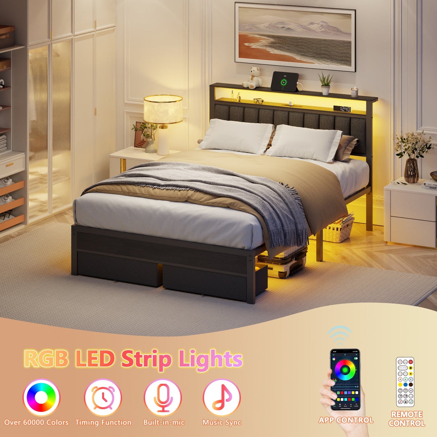 Tydimor Queen Bed Frame with 2 Drawers & Storage Headboard, Platform Metal Bed with 2 USB Ports and Outlets, No Box Spring Needed