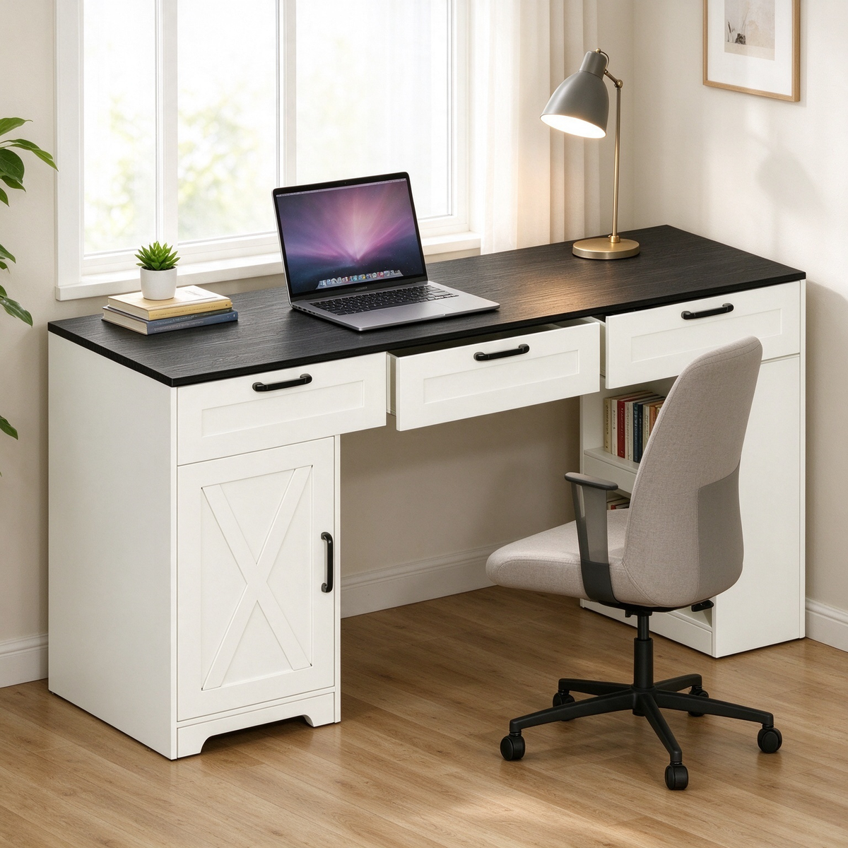 Satifur 55 inch Farmhouse Computer Desk with Power Outlet, Home Office Desk with 3 Drawers & Storage Cabinet, Black