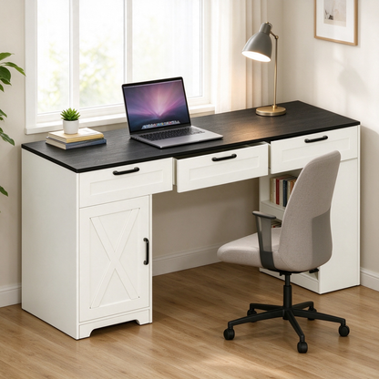Satifur 55 inch Farmhouse Computer Desk with Power Outlet, Home Office Desk with 3 Drawers & Storage Cabinet, Black
