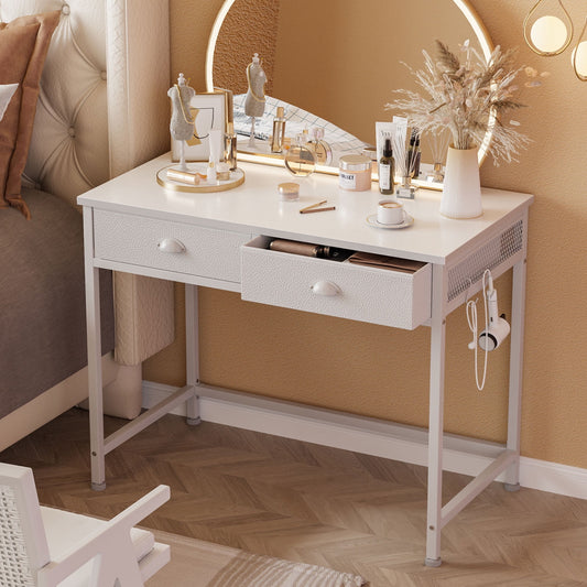 Furologee Computer Desk with 2 Fabric Drawers, Home Office Writing Desk, Vanity Desk with Hooks, Study Desk for Small Spaces, Makeup Dressing Table, White