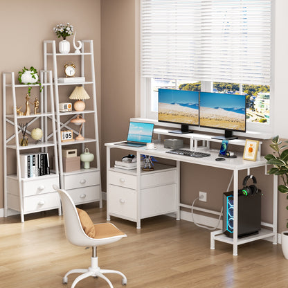 Satifur Office Desk with Drawers and Charging Station, Gaming Desk with Movable Monitor Stands, Corner Desk with Storage Shelves and File Cabinet, White
