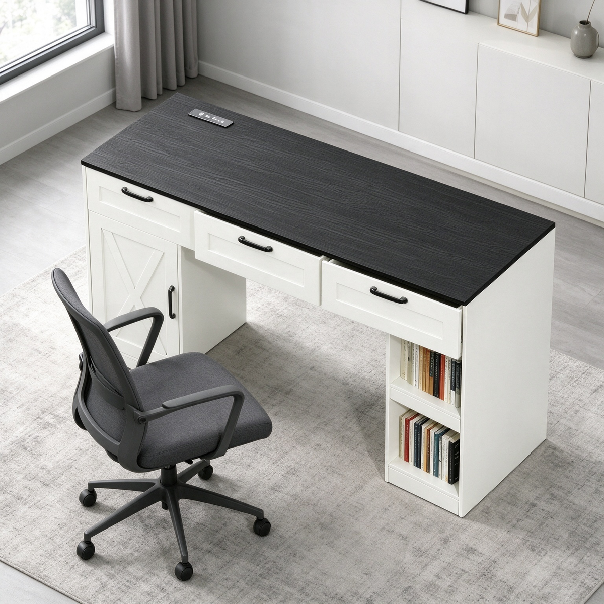 Satifur 55 inch Farmhouse Computer Desk with Power Outlet, Home Office Desk with 3 Drawers & Storage Cabinet, Black