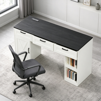 Satifur 55 inch Farmhouse Computer Desk with Power Outlet, Home Office Desk with 3 Drawers & Storage Cabinet, Black