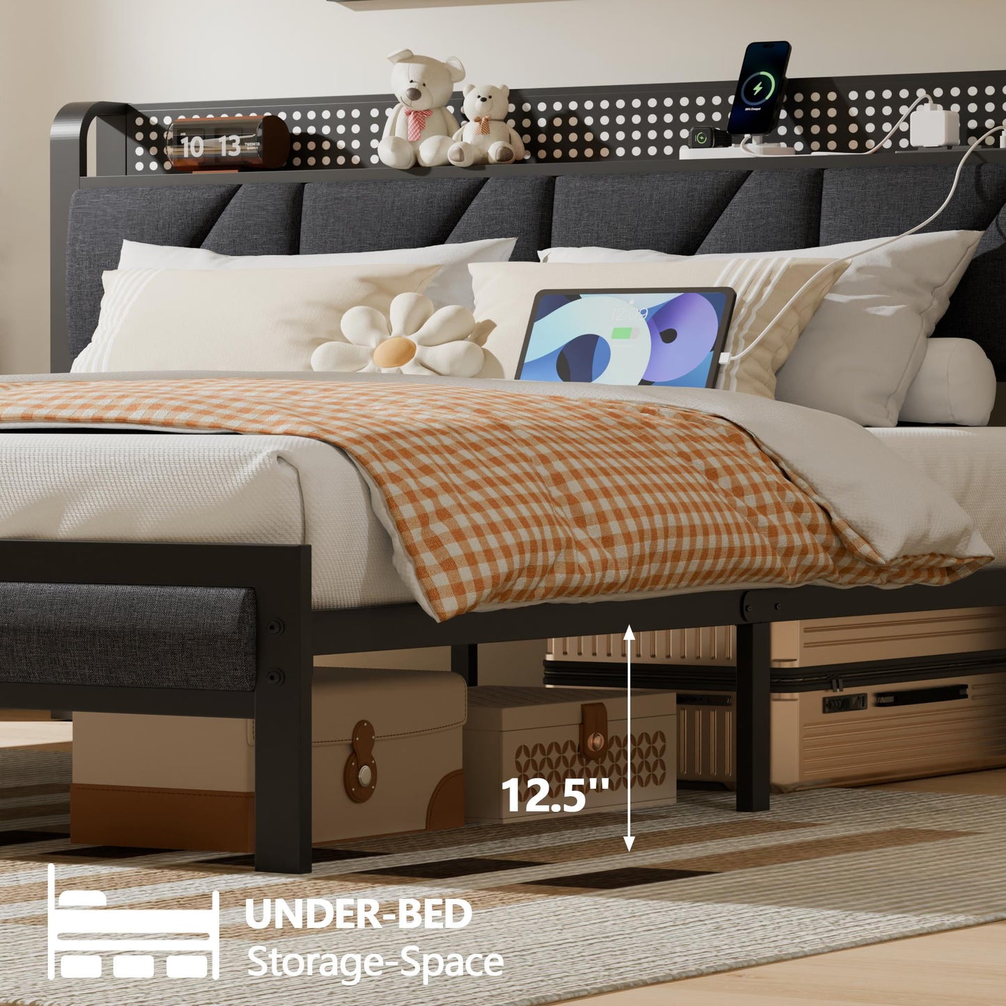 Tydimor Full Size Metal Smart Bed Frames with Upholstered Headboard, LED Lights, USB Ports and Outlets, Storage Shelves & Underbed